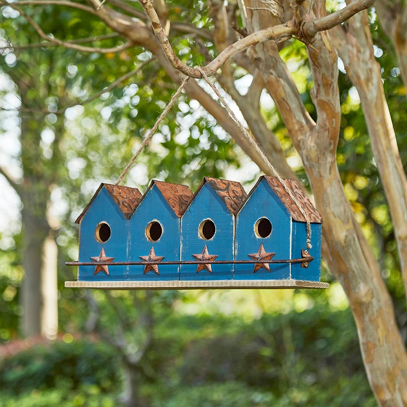 Glitzhome® 17" Retro Blue Distressed Wood Birdhouse with Perch