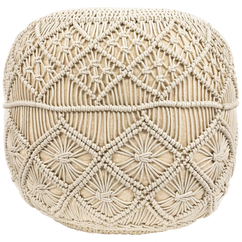 18" Cream Macramé Round Natural Cotton Pouf