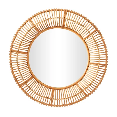 Brown Rattan Bohemian Wall Mirror, 39" x 4" x 39"