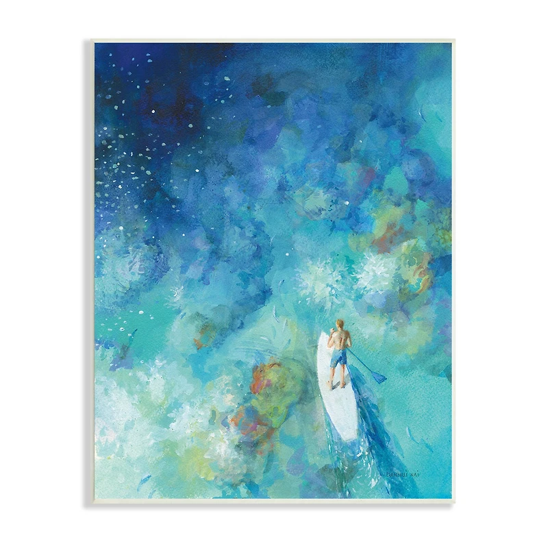 Stupell Industries Tropical Ocean Reef Paddle Board Male Surfer Blue Wall Plaque