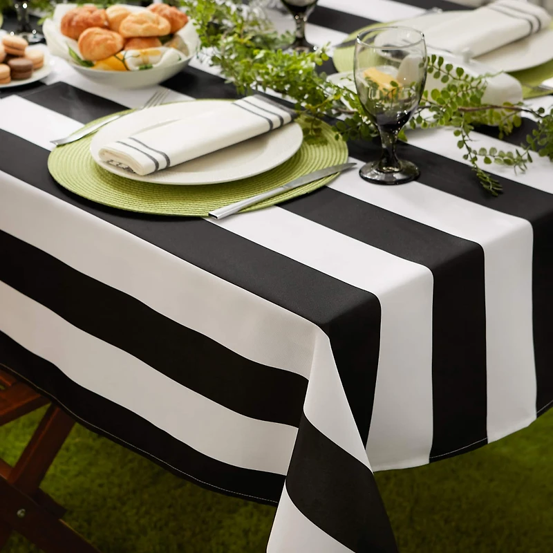 Black Cabana Stripe Print Outdoor Tablecloth with Zipper