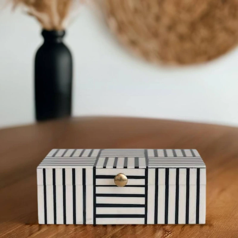 Hello Honey® 3" Modern Black & White Striped Box with Gold Clasp
