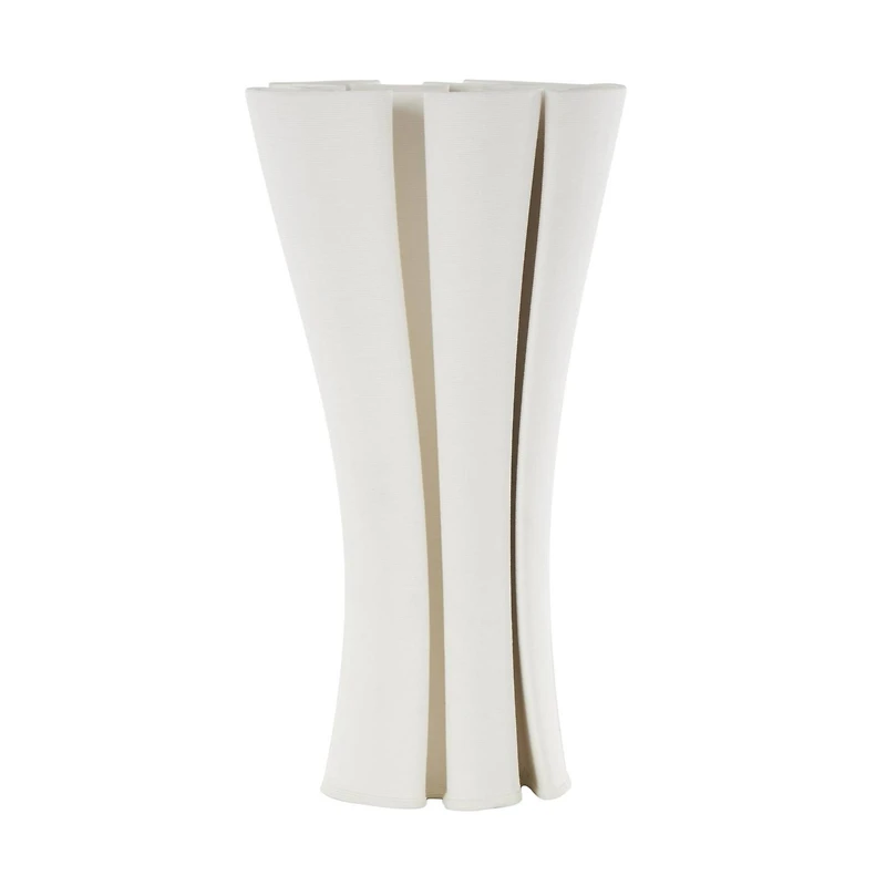 White Ceramic Abstract Ribbed Dimensional Folded Vase with Curvy Rim