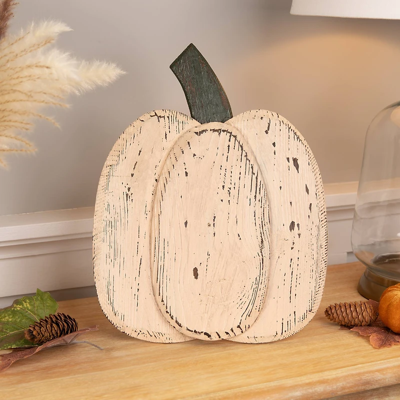 14.5" White Wooden Thanksgiving Pumpkin with Stem