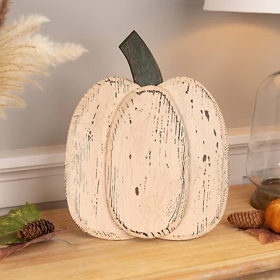 14.5" White Wooden Thanksgiving Pumpkin with Stem