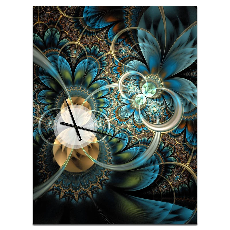 Designart Symmetrical Blue Gold Fractal Flower Rectangular Wall Clock