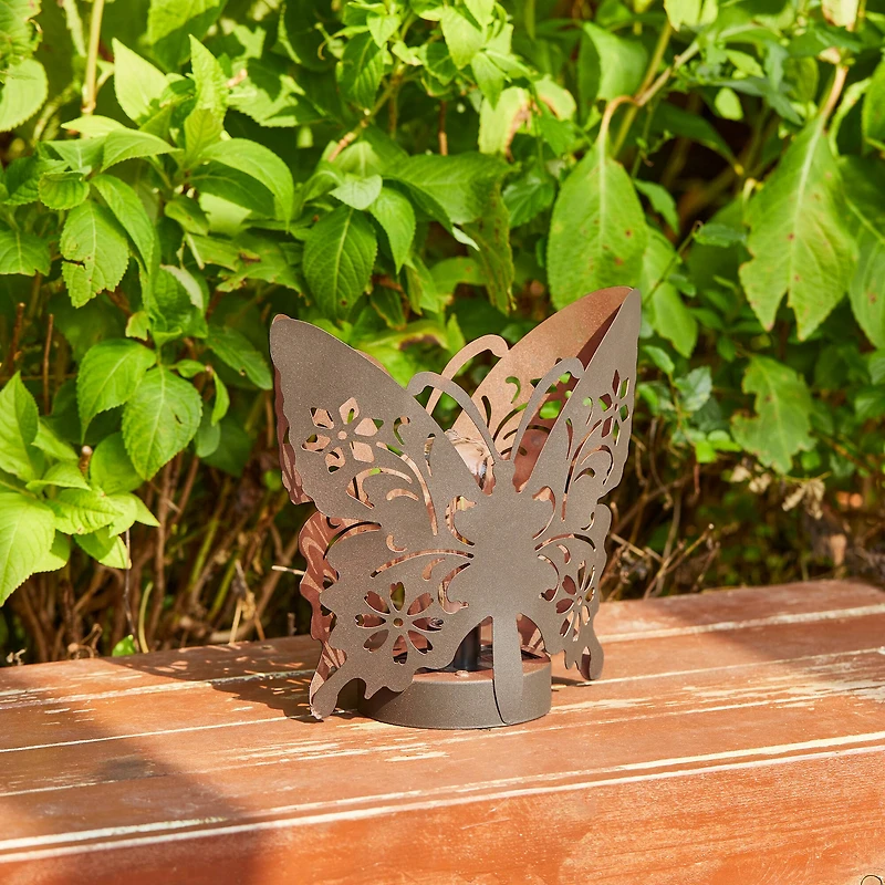 Glitzhome® 9" Metal Flying Butterfly Silhouette Solar Powdered Edison Bulb Outdoor Lantern