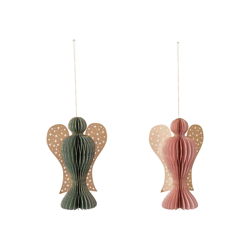 Hello Honey® 3.75" Green & Red Paper Folding Honeycomb Angel Ornament Set with Star Cut-Outs & Gold Glitter