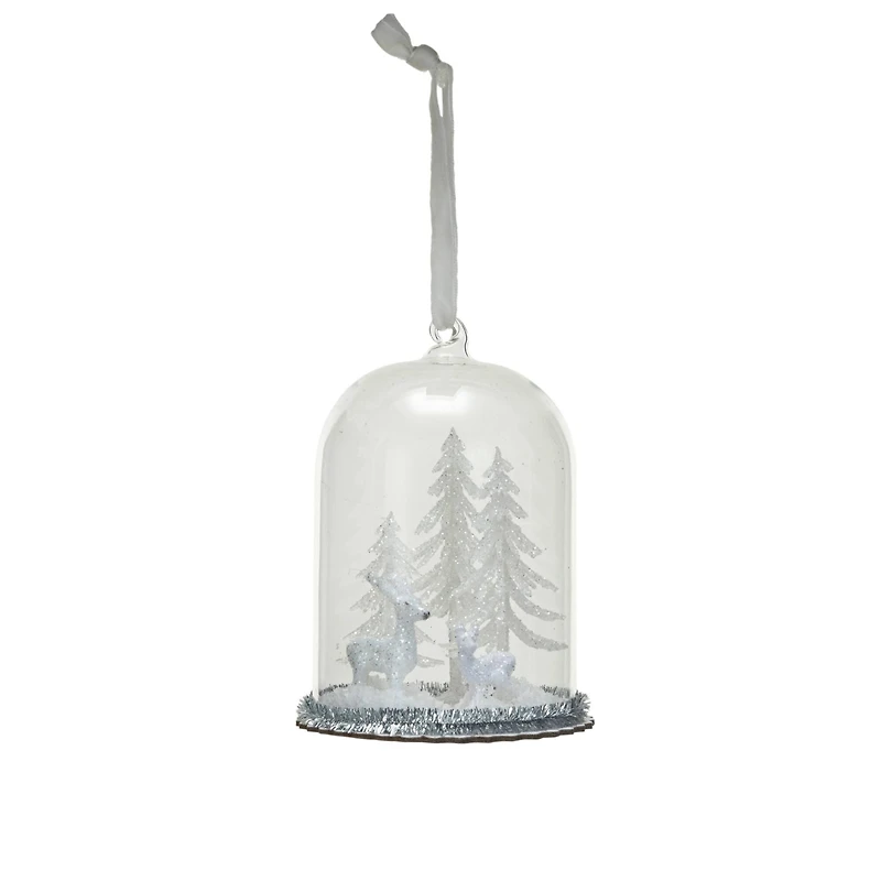 Hello Honey® 5" White & Silver Glass Cloche with Deer & Trees Ornament