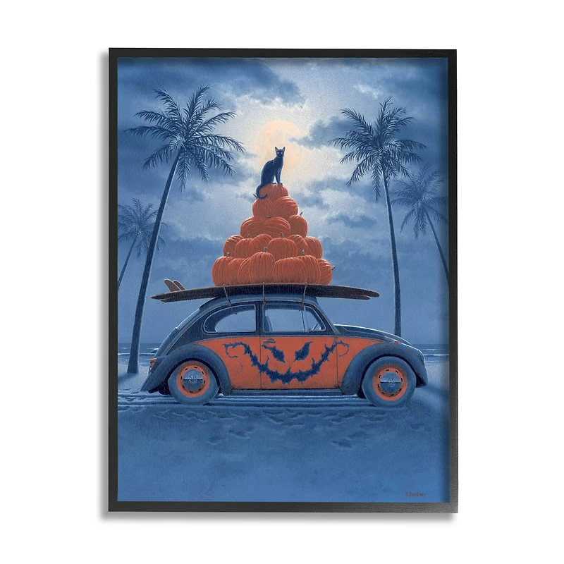 Stupell Industries Spooky Tropical Beach Pumpkin Car Framed Giclee Art