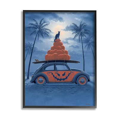 Stupell Industries Spooky Tropical Beach Pumpkin Car Framed Giclee Art