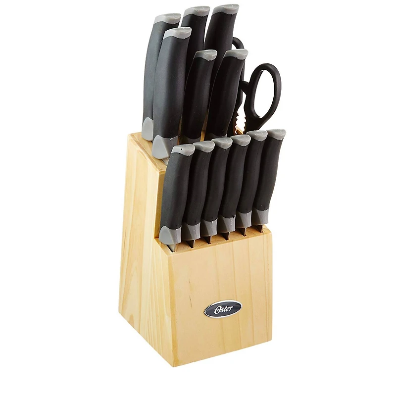 Oster Lindbergh 14 Piece Stainless Steel Cutlery Knife Set with Pine Wood Block