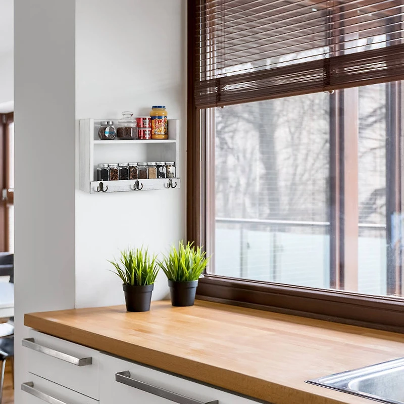 Rustic Wood Floating Storage Shelf with 3 Hooks