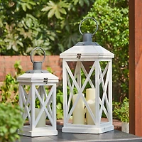 Modern Farmhouse White Wooden Lantern Set, 24" & 17"