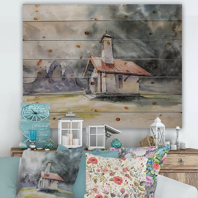 Designart - Rustic House On Mountain Top During Storm - Country Print on Natural Pine Wood