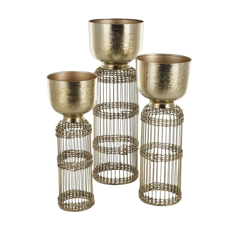 Gold Metal Textured Rounded Dome Planter & Pedestal Base Set