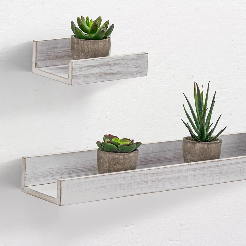 Whitewashed Wood Floating Wall Shelves Set