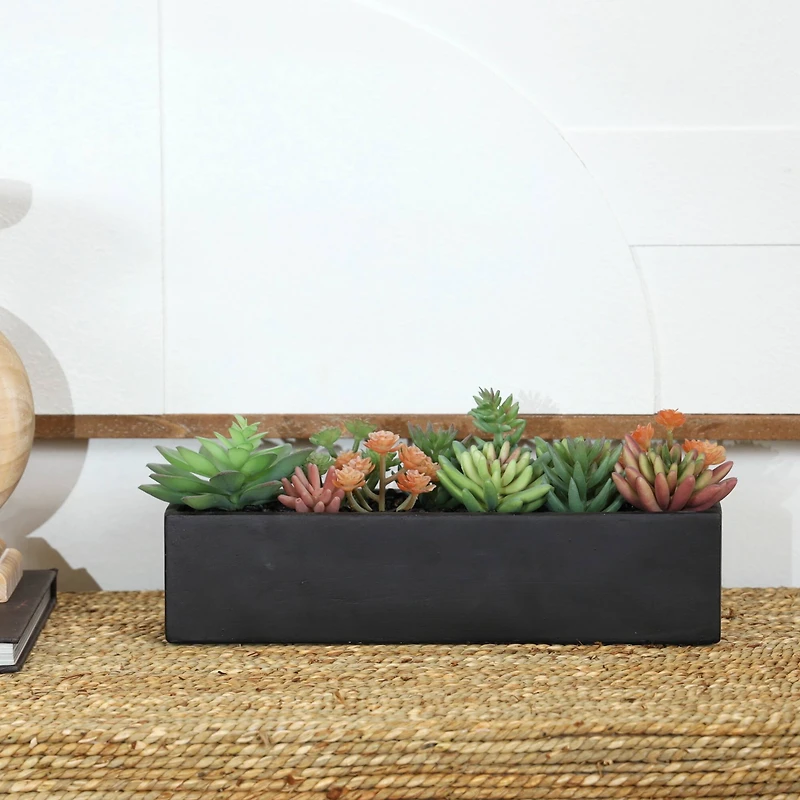 13" Green Faux Succulent in Black Rectangular Planter