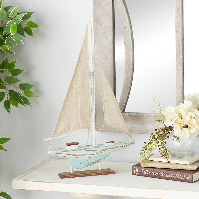 22" Brown Wood Coastal Sailboat Sculpture