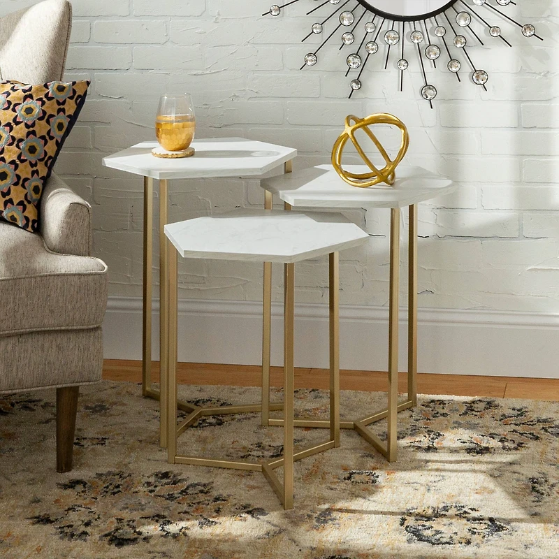 Walker Edison Faux White Marble/Gold Hexagon Modern Nesting Tables Set