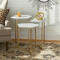 Walker Edison Faux White Marble/Gold Hexagon Modern Nesting Tables Set