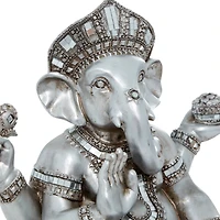 12" Silver Polystone Ganesh Meditating Sculpture