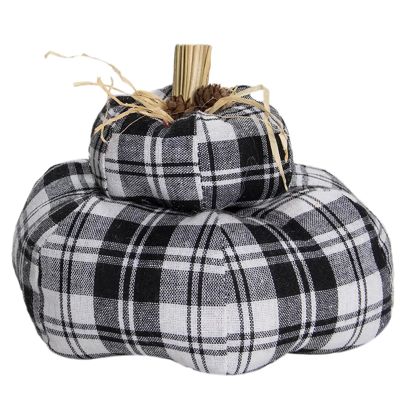 5.5" Black & White Plaid Stacked Fall Harvest Tabletop Pumpkin