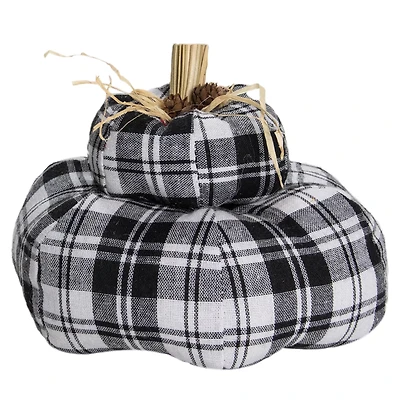5.5" Black & White Plaid Stacked Fall Harvest Tabletop Pumpkin