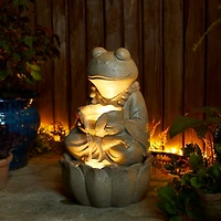 Glitzhome® 21.75" Sand Beige Zen-Style LED 2-Tier Frog Outdoor Fountain