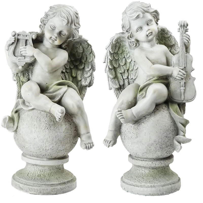 14.75" Gray Cherub Angels with Violin & Harp Sitting on Finials Outdoor Garden Statues