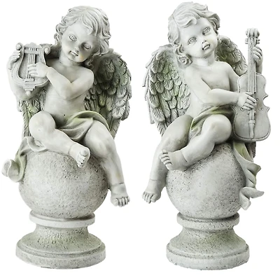 14.75" Gray Cherub Angels with Violin & Harp Sitting on Finials Outdoor Garden Statues