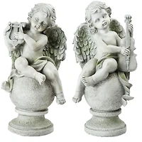 14.75" Gray Cherub Angels with Violin & Harp Sitting on Finials Outdoor Garden Statues