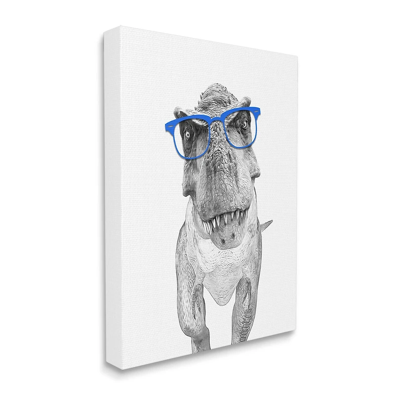 Stupell Industries Adorable T-Rex Dinosaur Blue Glasses Illustration Canvas Wall Art