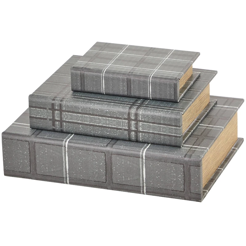 Gray Plaid Faux Leather Faux Book Box Set