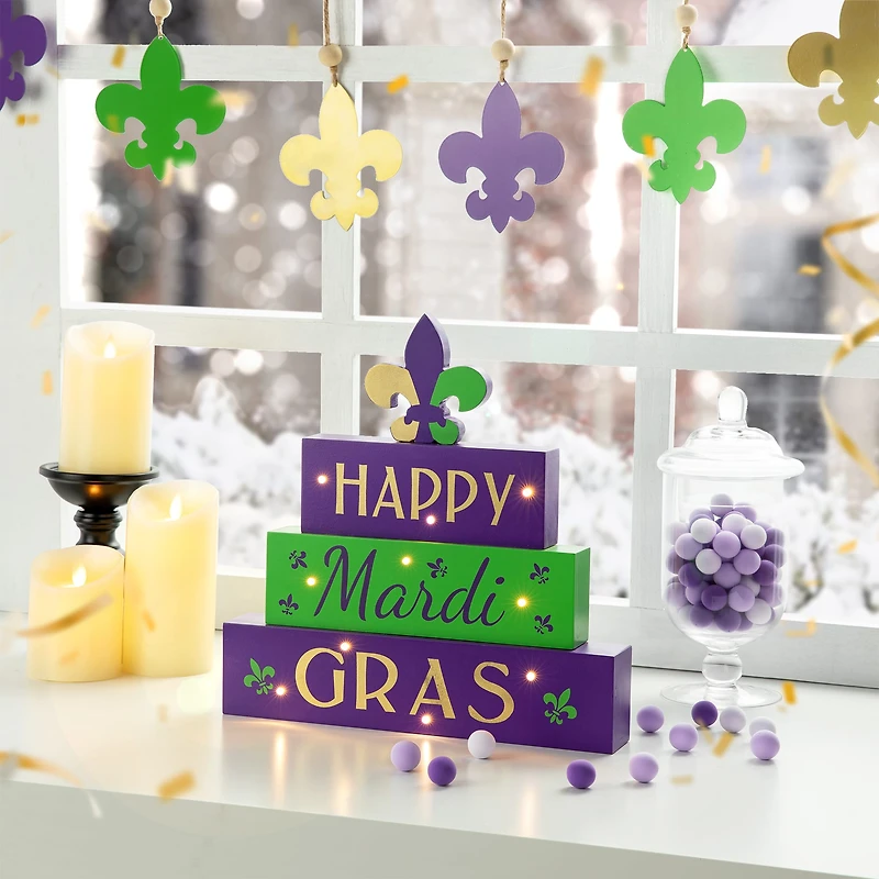 Glitzhome® 11.75" Lighted Mardi Gras Wooden Fleur-de-Lis Block Table Sign