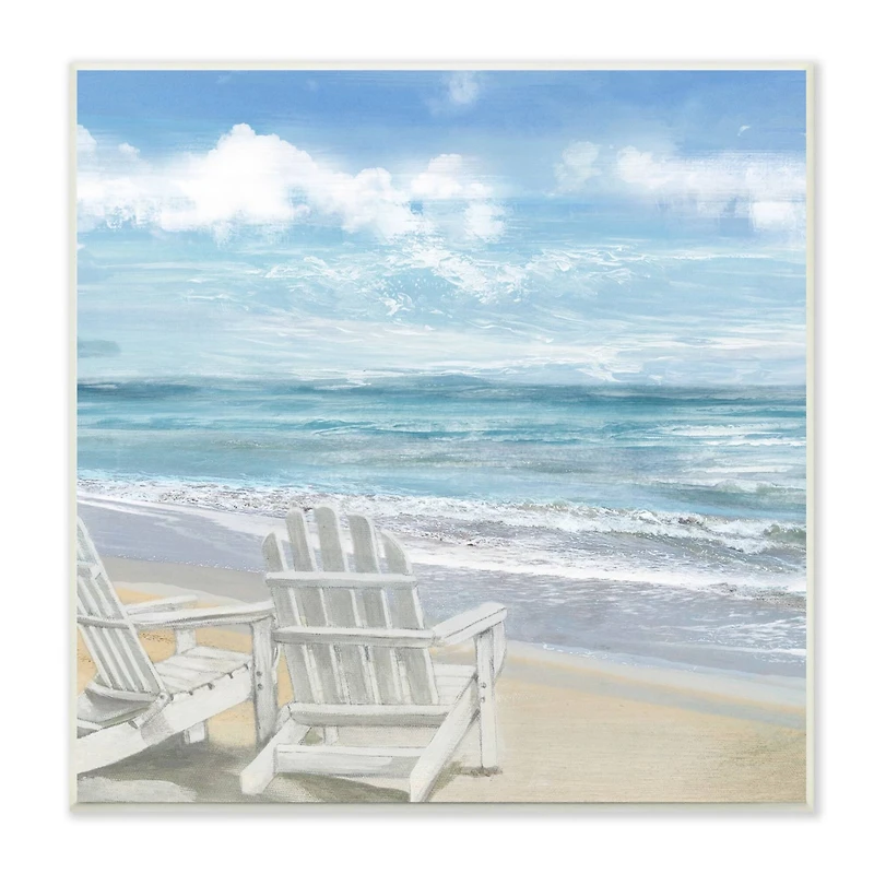 Stupell Industries White Adirondack Chairs on the Beach Painting Wood Wall Plaque