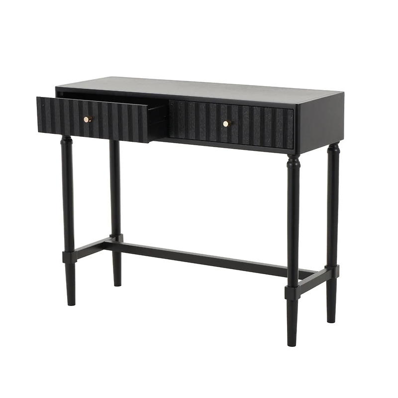35.5" Black Wood Handmade 2-Drawer Console Table with Gold Handles