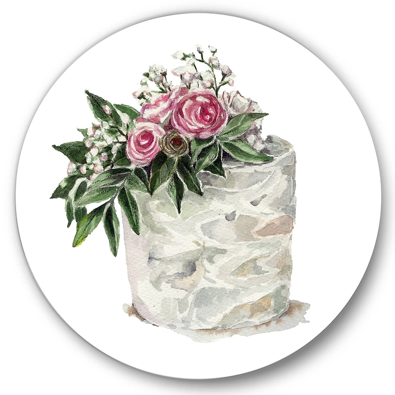 Designart - Pink Roses and White Flowers On Cake - Traditional Metal Circle Wall Art