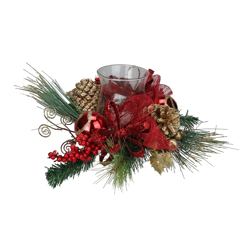 18" Pine Sprigs & Glittered Berries Christmas Hurricane Candle Holder