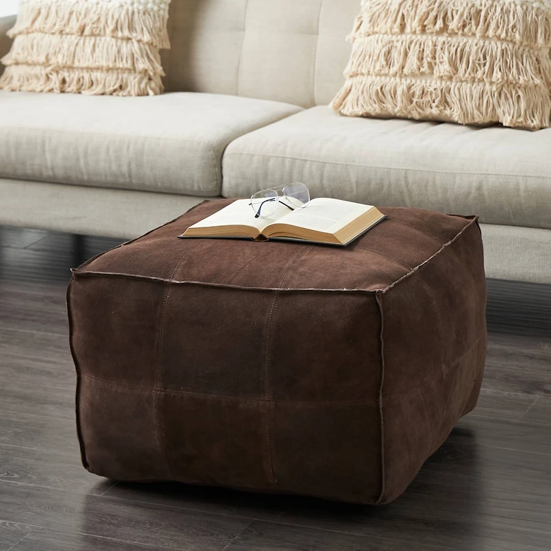 28" Leather Low Profile Square Pouf with Patchwork Design