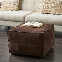28" Leather Low Profile Square Pouf with Patchwork Design