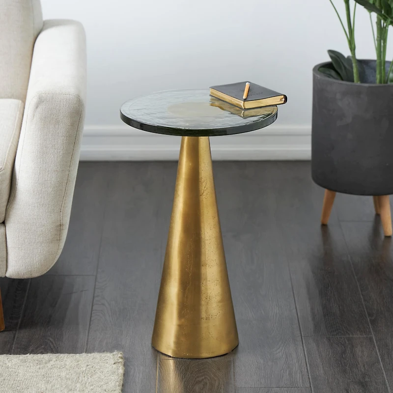 22" Gold Aluminum Geometric Cone Accent Table with Glass Tabletop