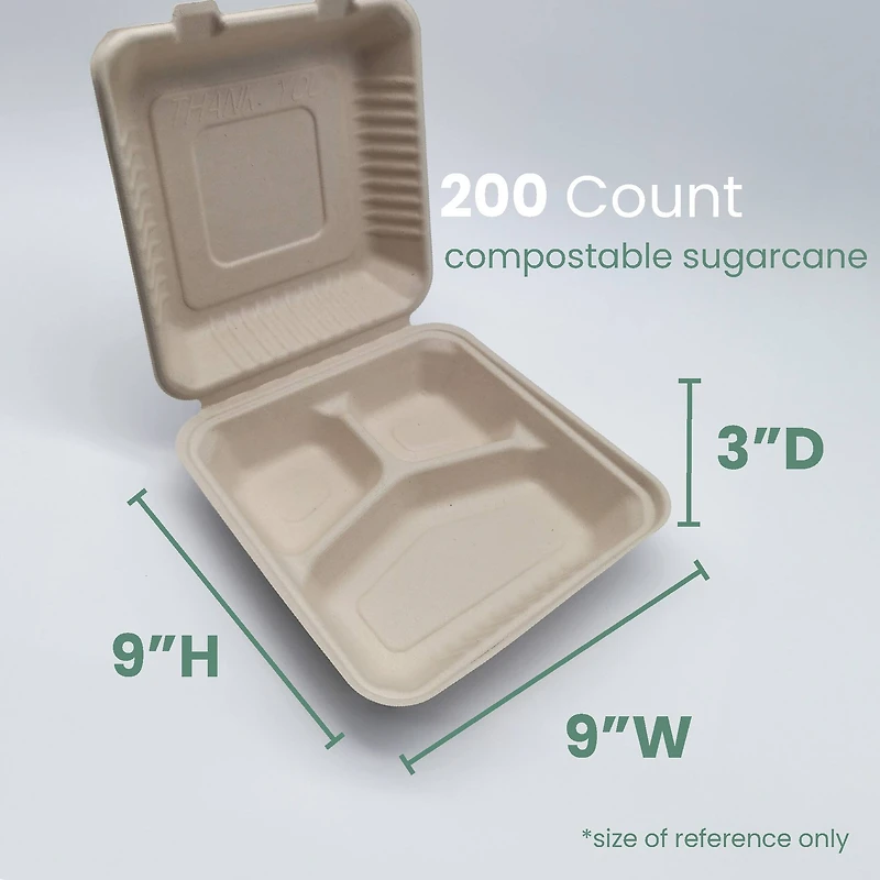 9" Natural Beige Single-Compartment Hinged Compostable Take Out Containers, 200ct.