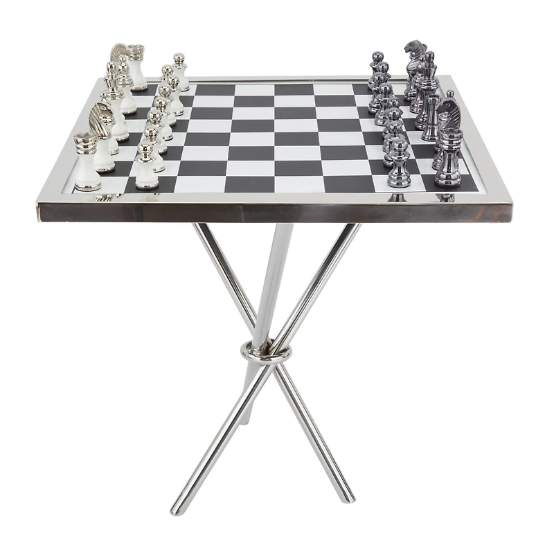 Silver Aluminum Contemporary Game Set Table, 4" x 25" x 22"