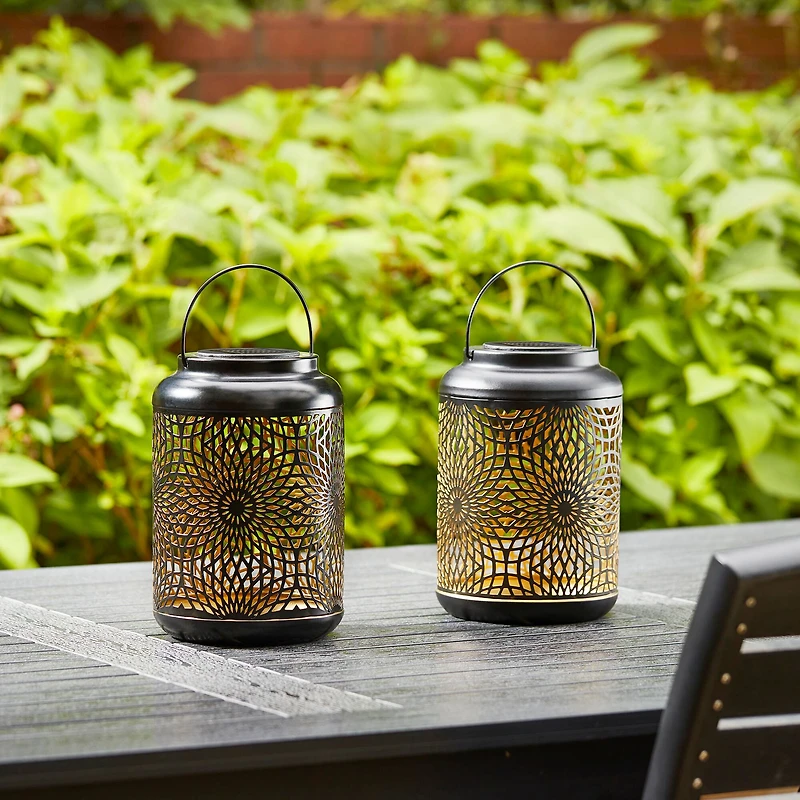 Glitzhome® 8.75" Metal Cutout Solar Powered Hanging Lantern Set