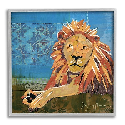 Stupell Industries Safari Lion Abstract Shape Collage Blue Orange in Frame Wall Art