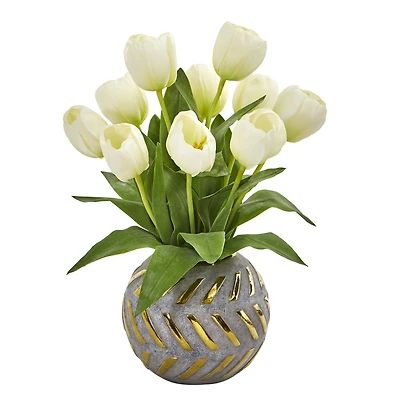 15" White Tulip Arrangement in Decorative Ceramic Vase