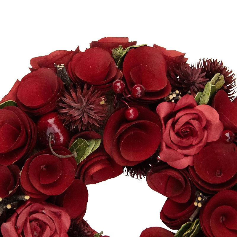 Red Wooden Rose and Berry Artificial Wreath 9.5" Unlit