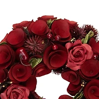 Red Wooden Rose and Berry Artificial Wreath 9.5" Unlit