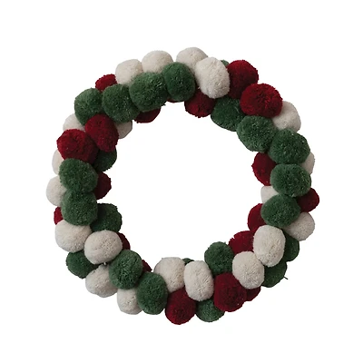 Hello Honey® 18" Red, Green & Cream Color Round Wool Pom Pom Wreath